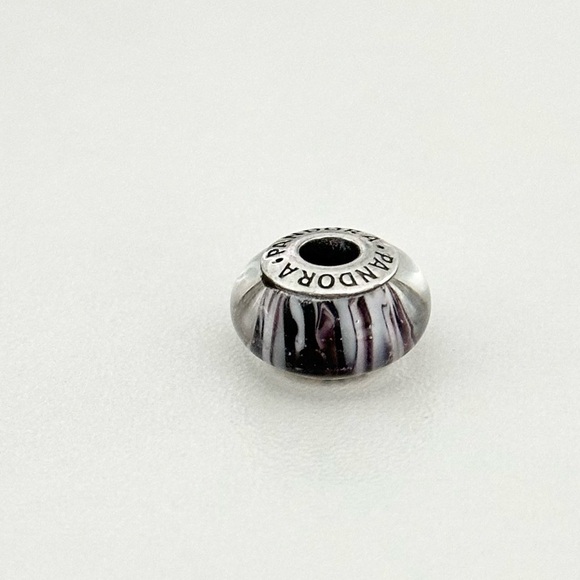Pandora Dark Purple & White Zebra Stripes Rare Retired Murano Glass Charm - Picture 2 of 5